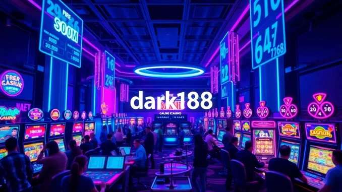 Experience an exciting gaming atmosphere at dark168 with vibrant neon colors and players enjoying diverse casino games.