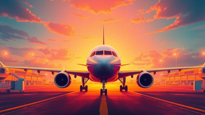 Experience the PK789 flight arriving at an airport during sunset, showcasing the energy of travel.