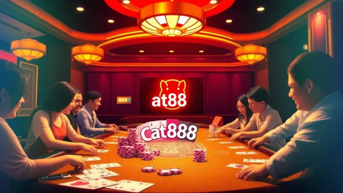 Experience thrilling gaming with cat888's luxurious casino setup complete with lottery tickets and vibrant chips.