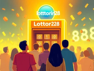 Experience the excitement of Lottorich28 with a vivid lottery illustration showcasing a bustling kiosk filled with eager participants.