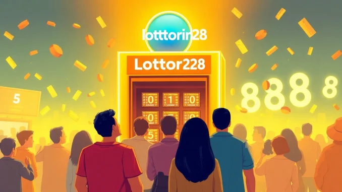 Experience the excitement of Lottorich28 with a vivid lottery illustration showcasing a bustling kiosk filled with eager participants.