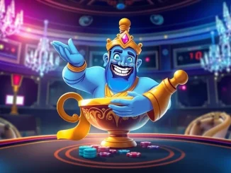 Experience the enchanting world of genie168 with a magical genie emerging from a classic casino lamp.