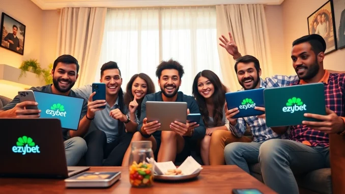 Excited group enjoying online betting on ezybet with laptops and smartphones.