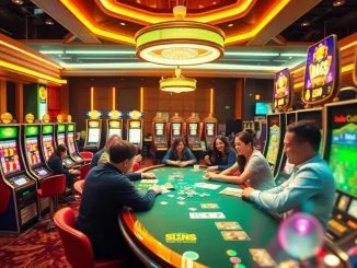 Players enjoying a dynamic casino experience at fox888, surrounded by flashing lights and vibrant decor.