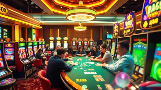 Players enjoying a dynamic casino experience at fox888, surrounded by flashing lights and vibrant decor.