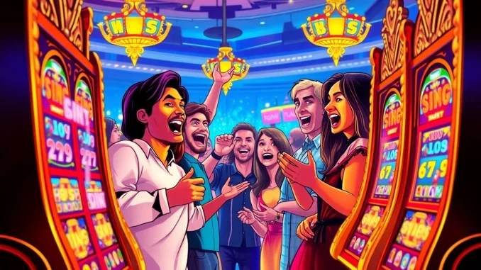 Excited players enjoy thrilling สล็อต wins at ornate slot machines in a vibrant online casino.