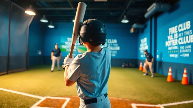 Young player practicing at the hit club, swinging a bat with determination in a vibrant training facility.