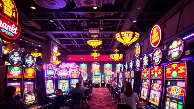 Experience the excitement of pgslot168 with vibrant slot machines at a bustling casino.