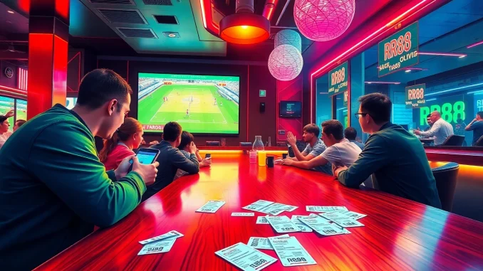 Experience the thrilling RR88 sports betting atmosphere in a vibrant bar filled with excitement.