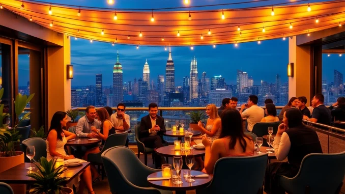 Enjoy breathtaking views of Manhattan at NoHu Rooftop, a stunning dining experience.