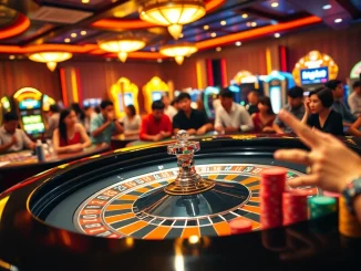 Experience the thrill of betting at the roulette table featuring 'rr888' with eager players surrounded by vibrant lights.