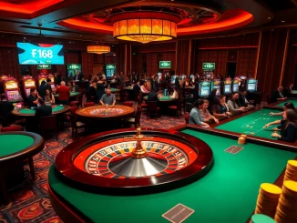 Players are engaged at the "F 168" casino tables, reveling in the excitement of winning bets.