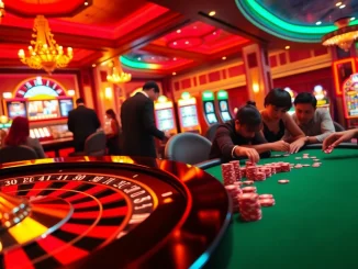 A thrilling casino setting with intense poker games and roulette at fb88s.domains.