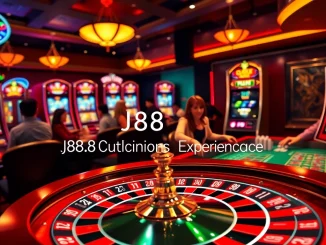 Witness the thrill at J88 Casino with players at a blackjack table amid vibrant gambling excitement.