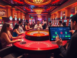 Players enjoying an invigorating game night with an ai gf interface on a tablet in the luxurious casino.