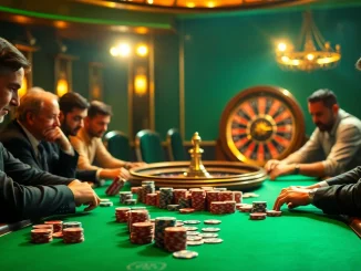 Players engaging in a poker game at a vibrant casino, showcasing deneme bonusu veren siteler and strategic gameplay with colorful chips.