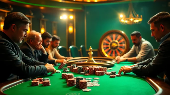 4oj1 Players engaging in a poker game at a vibrant casino, showcasing deneme bonusu veren siteler and strategic gameplay with colorful chips.