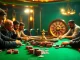 Players engaging in a poker game at a vibrant casino, showcasing deneme bonusu veren siteler and strategic gameplay with colorful chips.