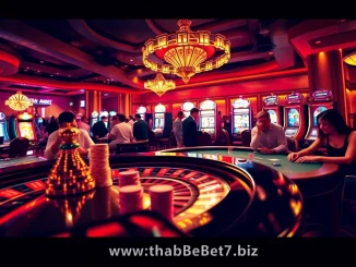 A bustling casino floor at https://thabet7.biz/ showcasing roulette excitement and lively gamblers.