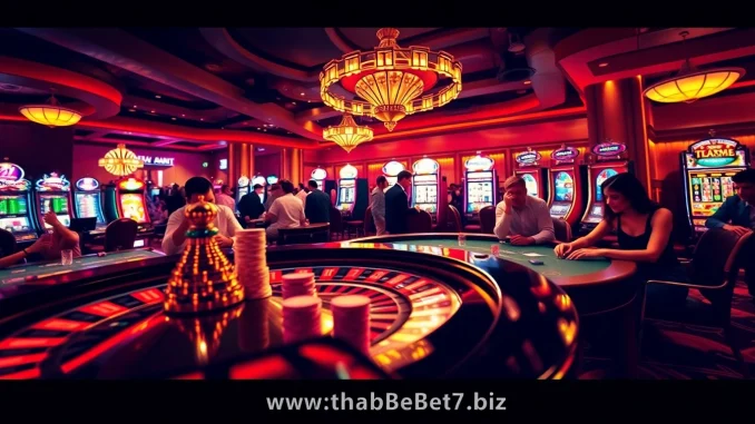 4pbi A bustling casino floor at https://thabet7.biz/ showcasing roulette excitement and lively gamblers.