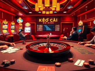 Engage in the thrill of kèo nhà cái hôm nay as players strategize at a bustling poker table, surrounded by vibrant casino elements.