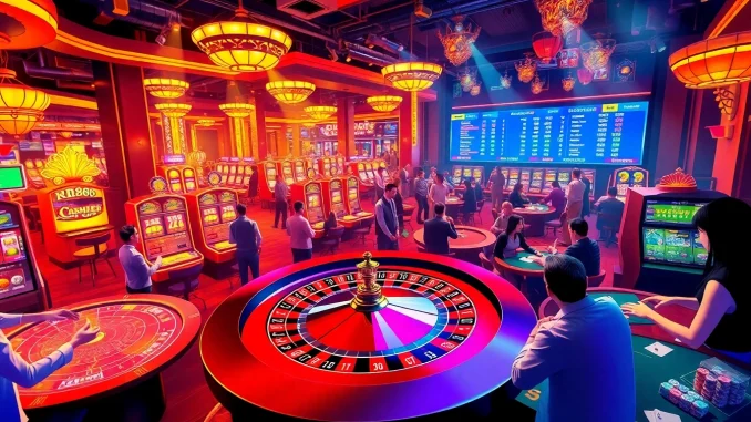 7gw2 Engage with the rr88 trang chủ at a vibrant casino, showcasing live roulette, thrilling players, and colorful slot machines.