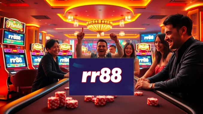 9hxw Experience the excitement at trang chủ rr88 as players celebrate victories at a vibrant casino table, showcasing chips and slot machines.