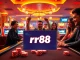 Experience the excitement at trang chủ rr88 as players celebrate victories at a vibrant casino table, showcasing chips and slot machines.