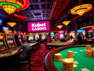 Experience excitement with Kubet Casino as players engage in blackjack, roulette, and vibrant slot machines under dazzling lights.