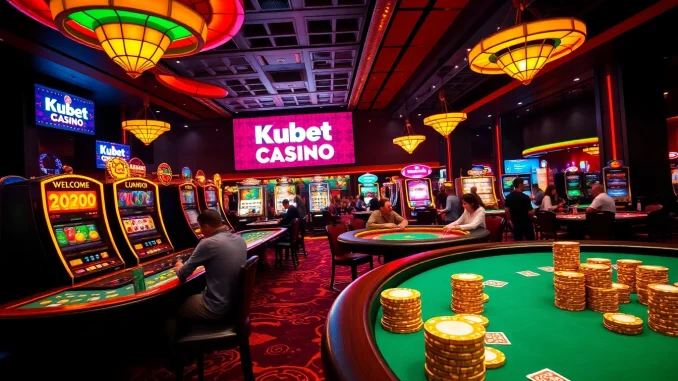 alud Experience excitement with Kubet Casino as players engage in blackjack, roulette, and vibrant slot machines under dazzling lights.