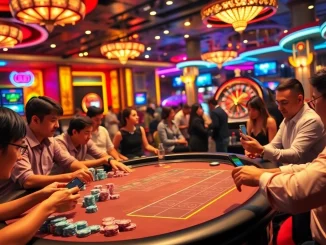 Experience exciting gameplay at the Bong Da Lu Fun casino with poker tables, chips, and energetic players enjoying their time.