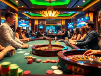 Exciting casino v9bet scene with players at a live gaming table, colorful chips, and a roulette wheel in a vibrant atmosphere.