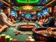 Exciting casino v9bet scene with players at a live gaming table, colorful chips, and a roulette wheel in a vibrant atmosphere.