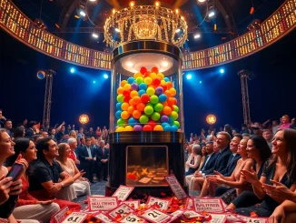 Witness the thrilling lottery drawing with eager participants and colorful balls.