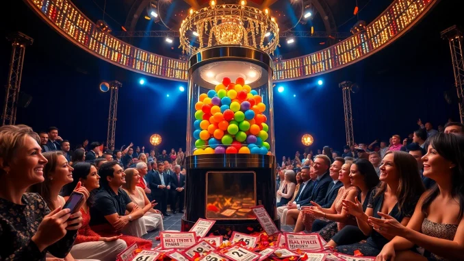 d1xj Witness the thrilling lottery drawing with eager participants and colorful balls.