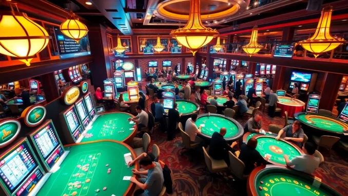 e4q5 Bong da lu fun highlights thrilling moments at a casino with poker, dice, and lively players immersed in gambling action.