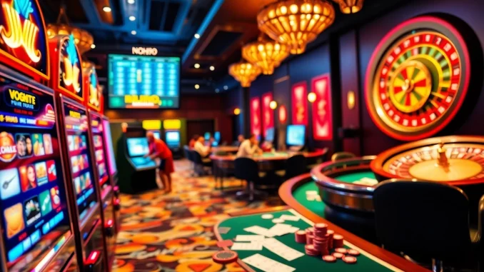 f1tf Players engaging at NOHU90's vibrant casino table games with colorful chips and cards.