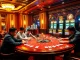 The exhilarating gaming atmosphere of rr88 trang chủ with poker tables, roulette wheels, and eager players.