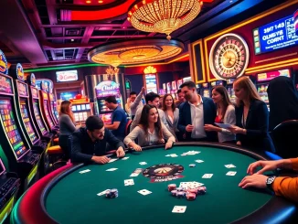 Experience high-stakes gaming at f168.run with players enjoying poker, slots, and roulette in a vibrant casino setting.