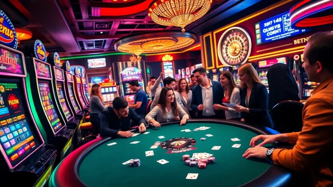 garc Experience high-stakes gaming at f168.run with players enjoying poker, slots, and roulette in a vibrant casino setting.