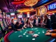 Experience high-stakes gaming at f168.run with players enjoying poker, slots, and roulette in a vibrant casino setting.