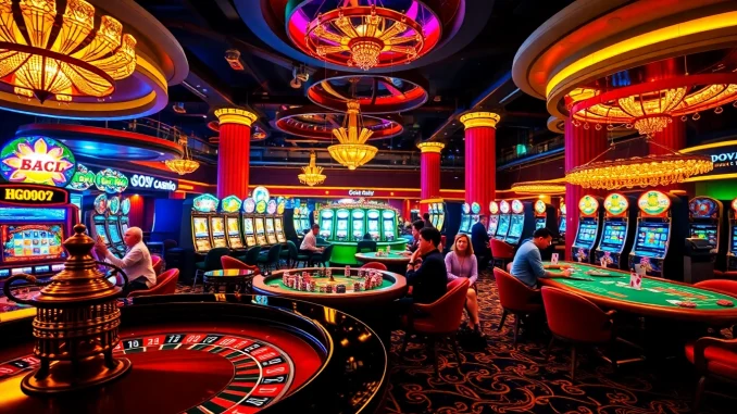 j3u2 Players enjoying hgo909 daftar at a lively casino with roulette and poker tables.