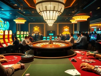 Experience thrilling moments at thương hiệu f168 with players enjoying poker and slot games in a vibrant casino.