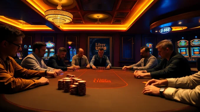 l7b8 Players strategizing during a high-stakes poker game at U 888 casino, with vibrant ambiance and atmosphere.