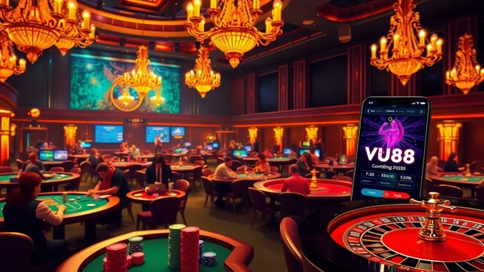 lx0m VU88 gaming scene showcasing players at a casino table with poker chips and roulette.