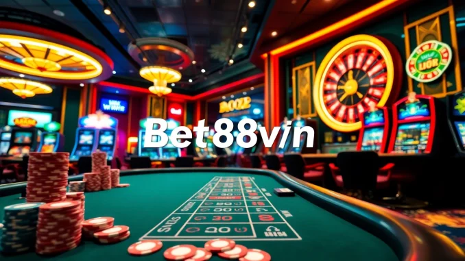m9cq Experience the thrill of gambling at Bet88vn's vibrant casino with poker chips and roulette wheels.