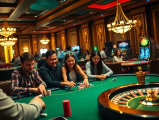 Experience the thrill of gambling at https://thabetcom.dev/ with players at an exciting poker table amid vibrant casino lights.