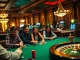 Experience the thrill of gambling at https://thabetcom.dev/ with players at an exciting poker table amid vibrant casino lights.