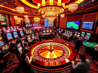 Experience exhilarating live gaming with bong da lu fun at the roulette table, surrounded by colorful slot machines and eager players.