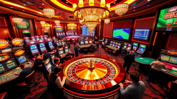 ny4s Experience exhilarating live gaming with bong da lu fun at the roulette table, surrounded by colorful slot machines and eager players.